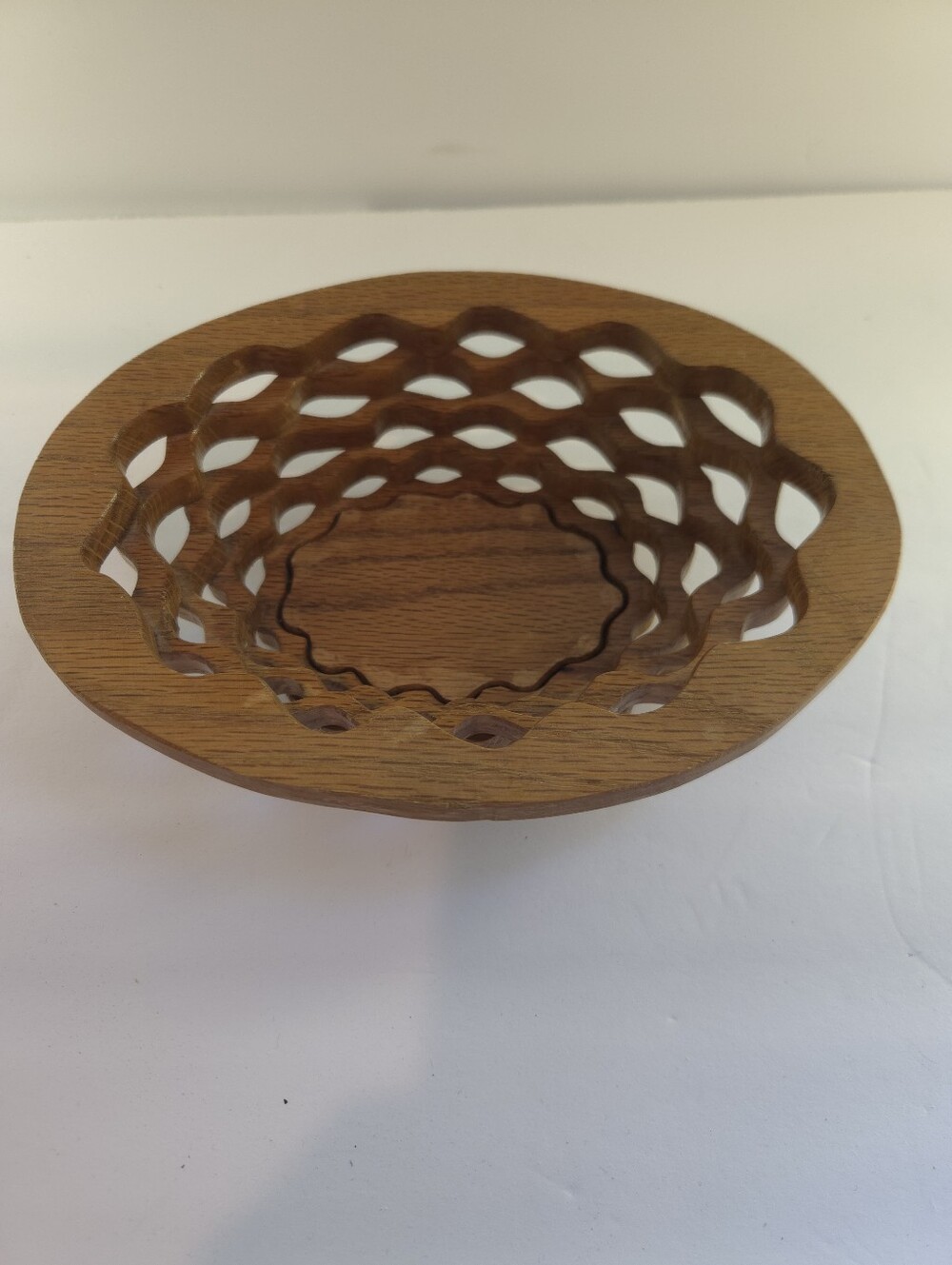 Signed Handmade Scroll Saw Wood Bowl Lattice Basket Centerpiece 8.5" x 2"